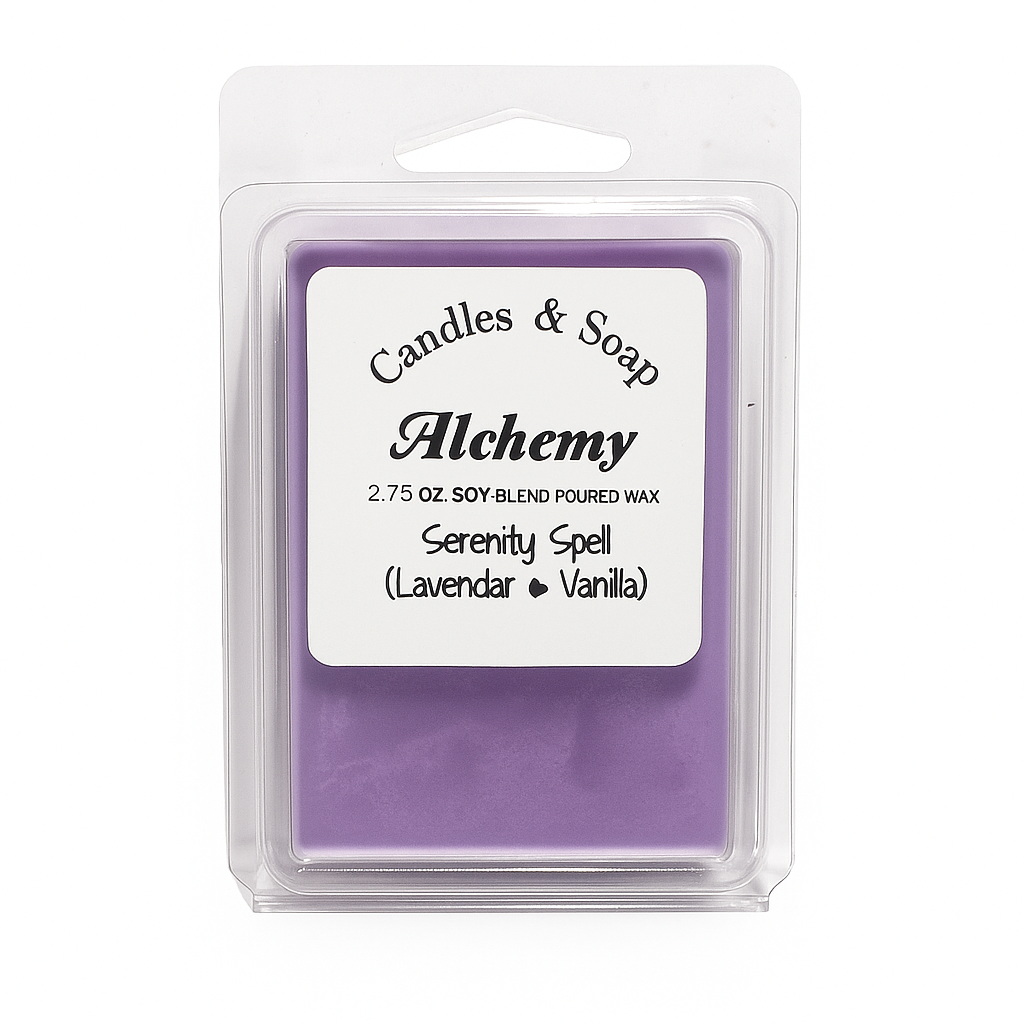 Purple wax melt packaging with 'Candles & Soap Alchemy' label on a white background