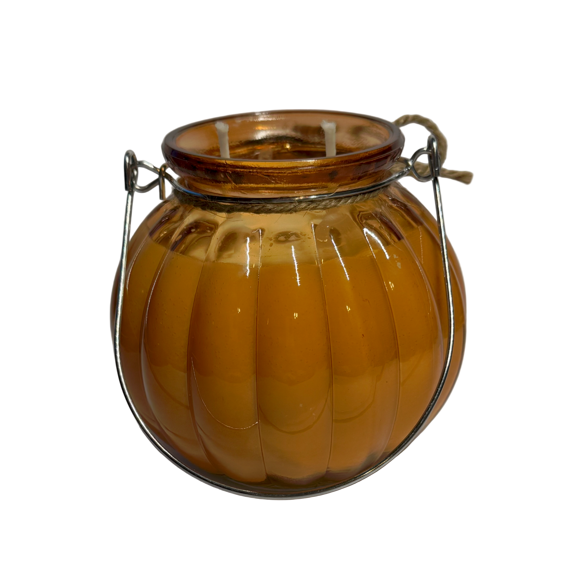 Glass jar candle with a pumpkin design on a white background