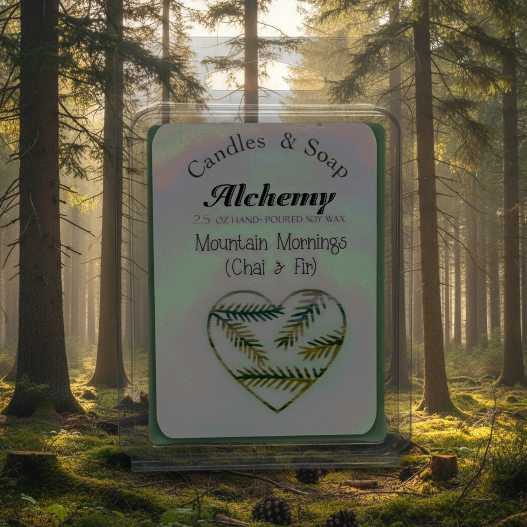 Wax melt package with 'Alchemy' branding and heart design on a white background