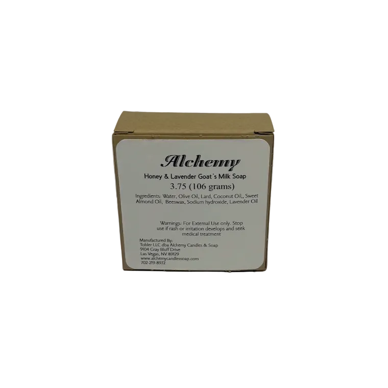 Box of Alchemy Honey & Lavender Goat's Milk Soap on a gray background