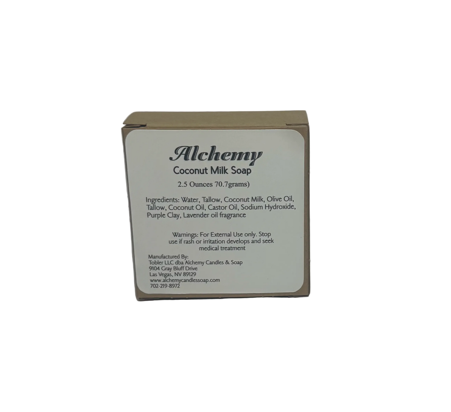 Alchemy Coconut Milk Soap packaging on a gray background