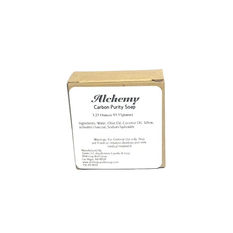 Box of Alchemy Carbon Purity Soap on a gray background