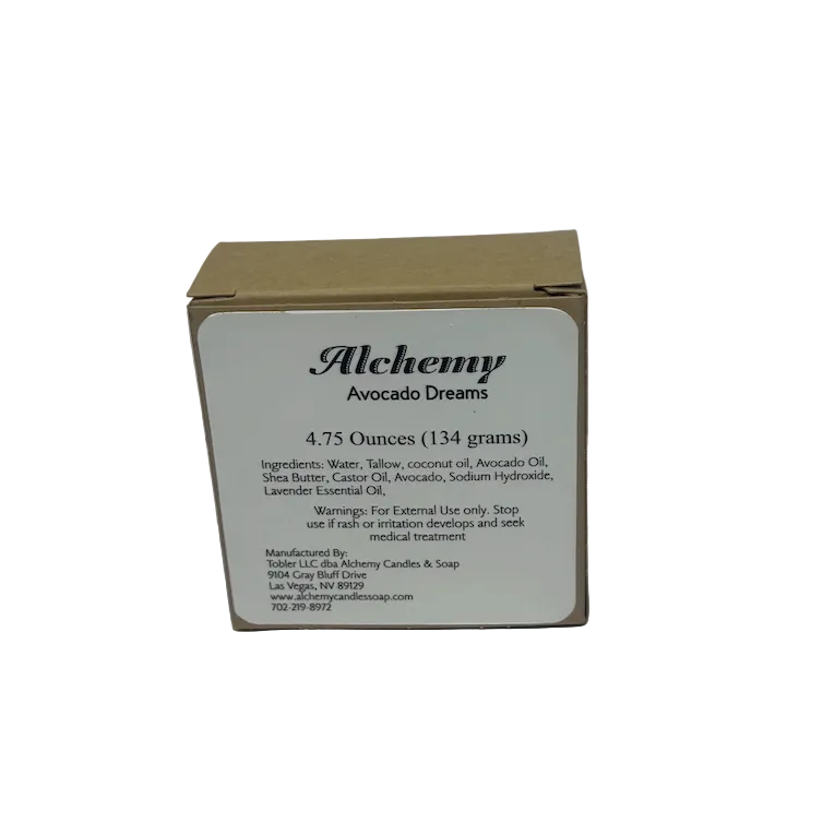 Box labeled 'Alchemy Avocado Dreams' on a white background