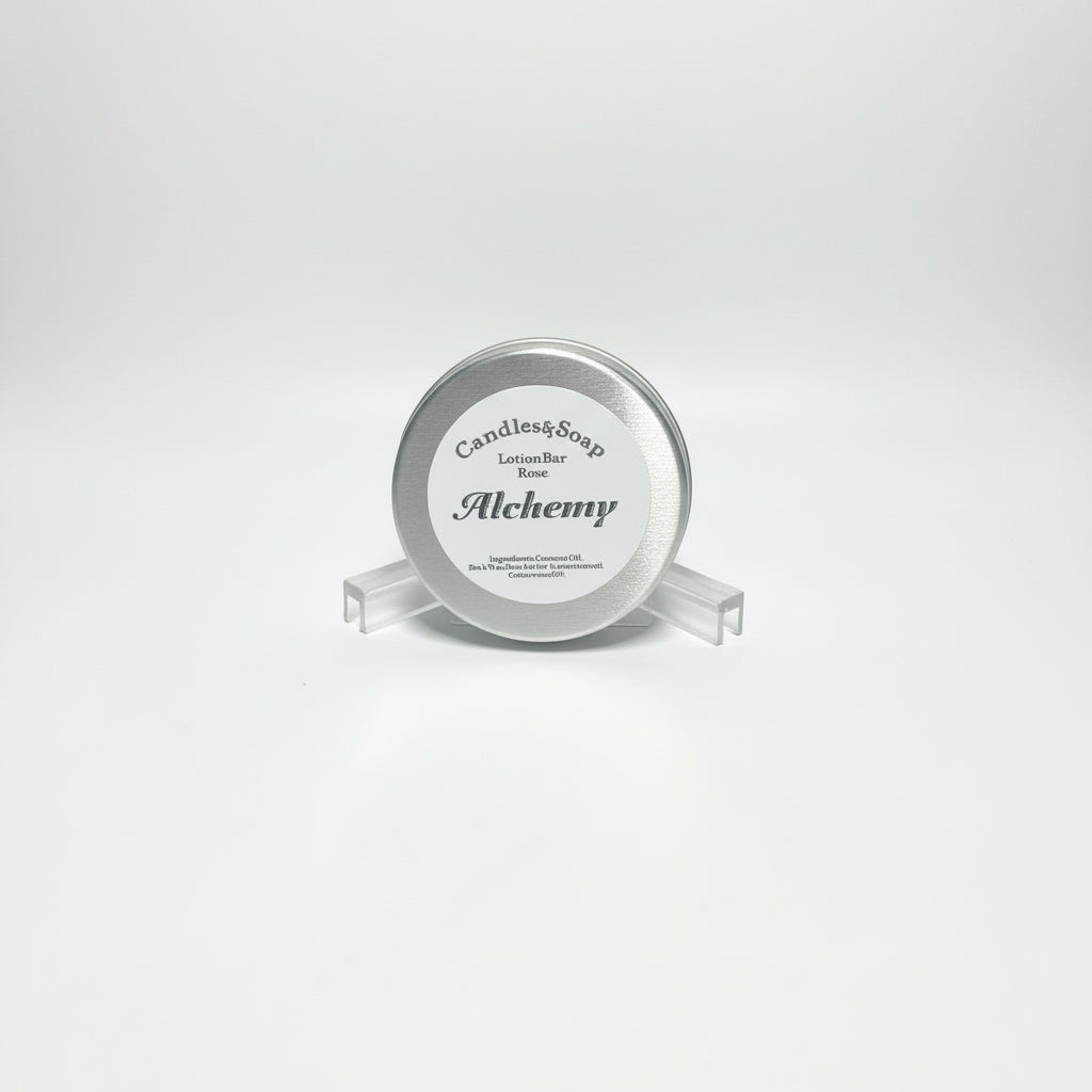 A solid lotion bar presented in a round container with a label that reads 'Alchemy'. The container is placed on a clear stand, with a wooden background.