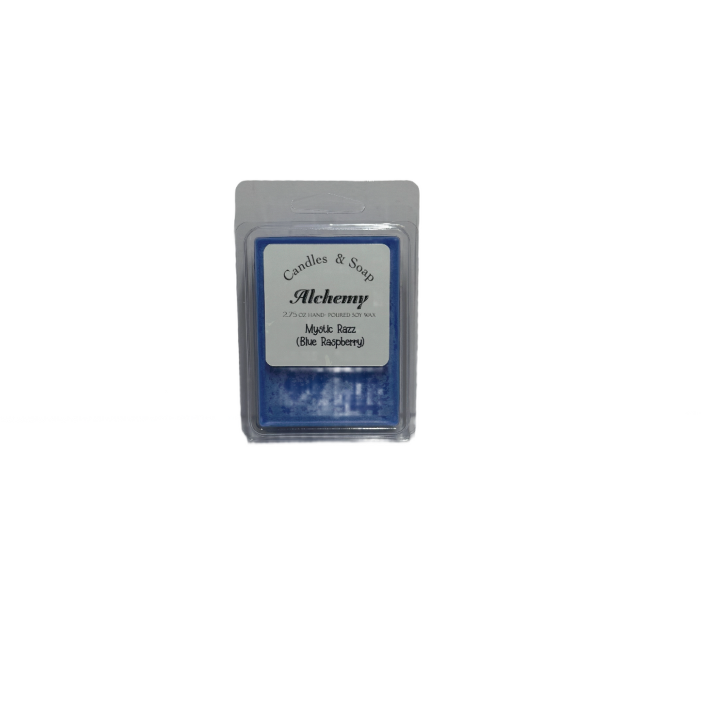 Blue wax melt package labeled 'Alchemy' on a white background