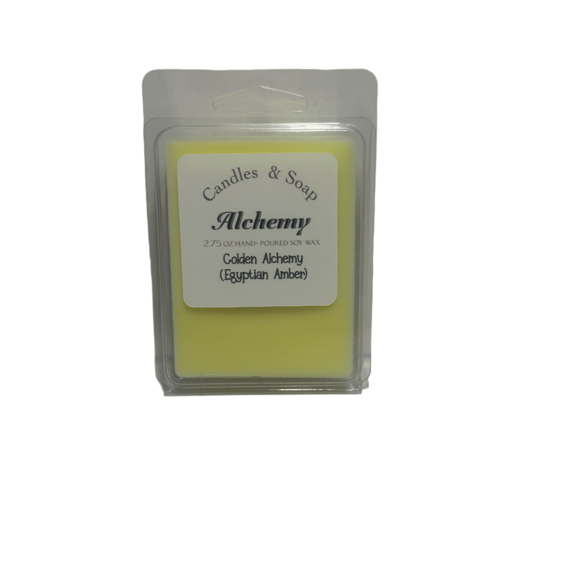Candle melt wax block in a clear packaging with 'Alchemy' label on a white background