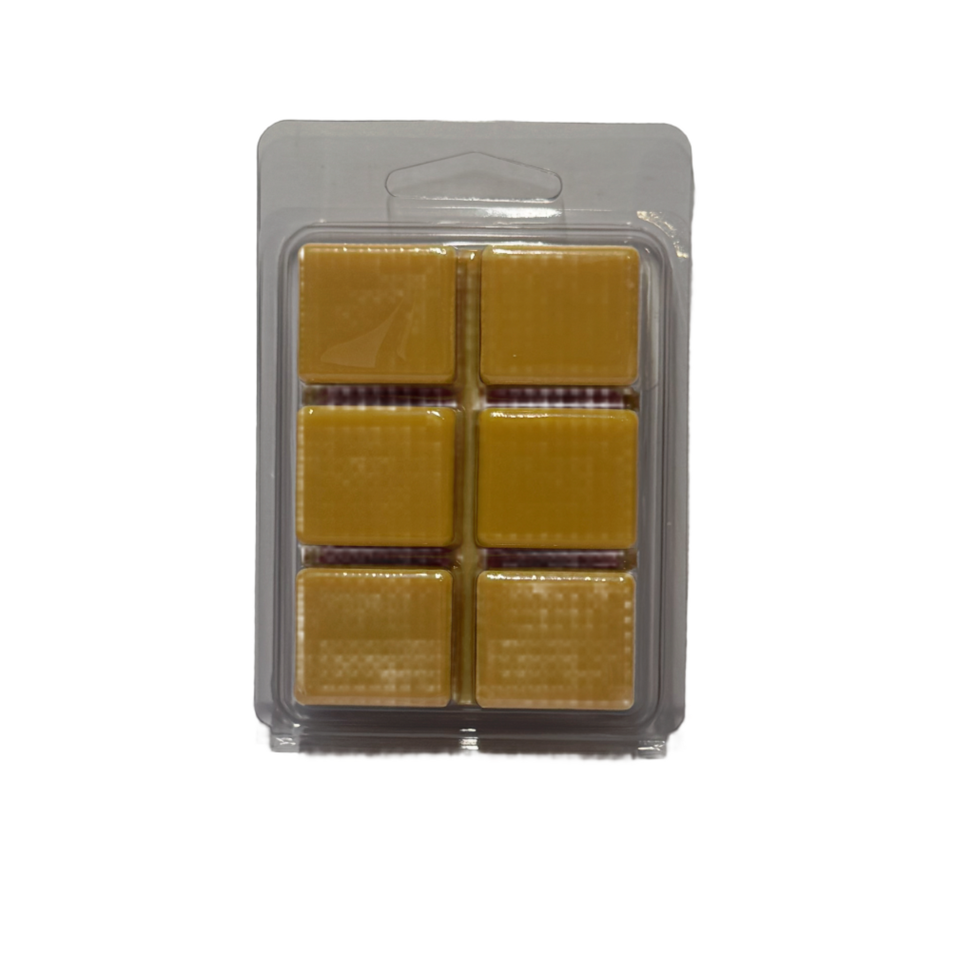 Six Carmel Colored wax melts in a clear plastic packaging on a white background