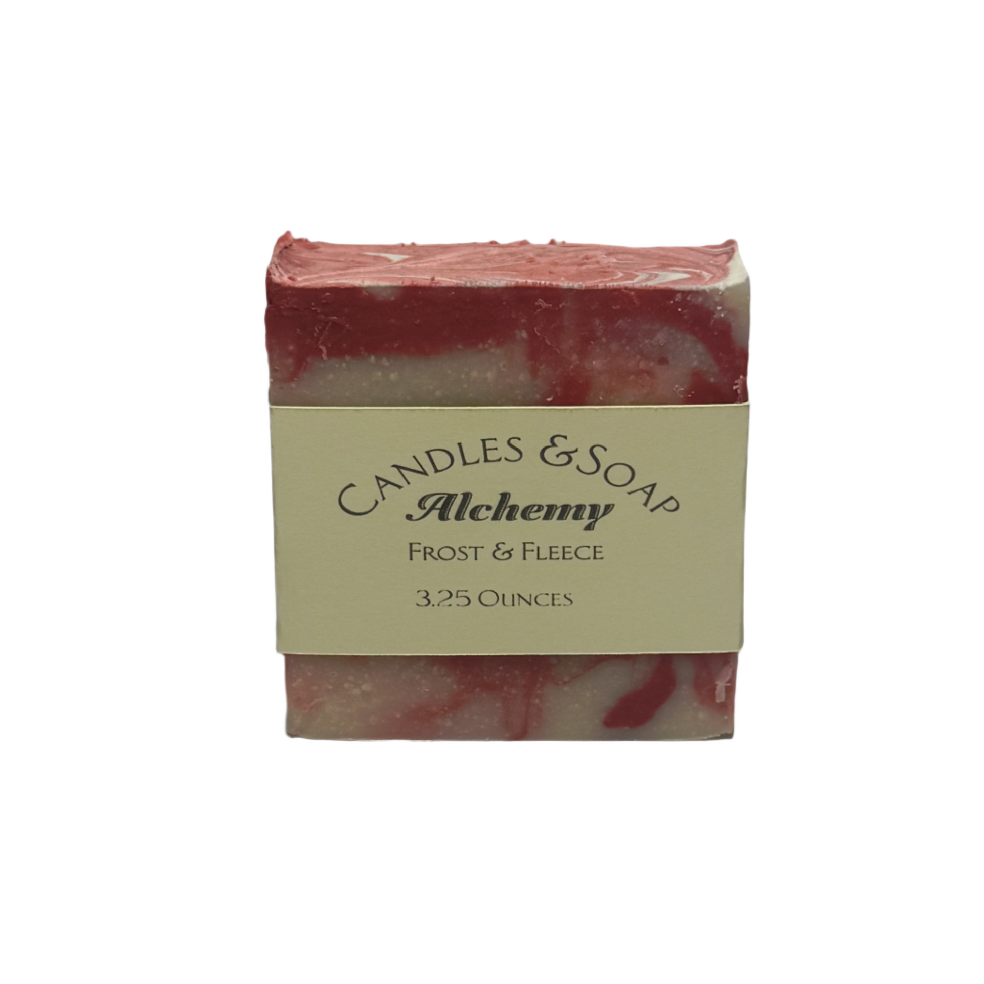 Bar of soap with a label reading 'Candles & Soap Alchemy Frost & Fleece' on a gray background