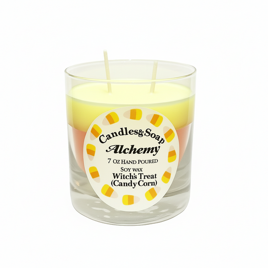 Candle in a glass container with a label on a white background