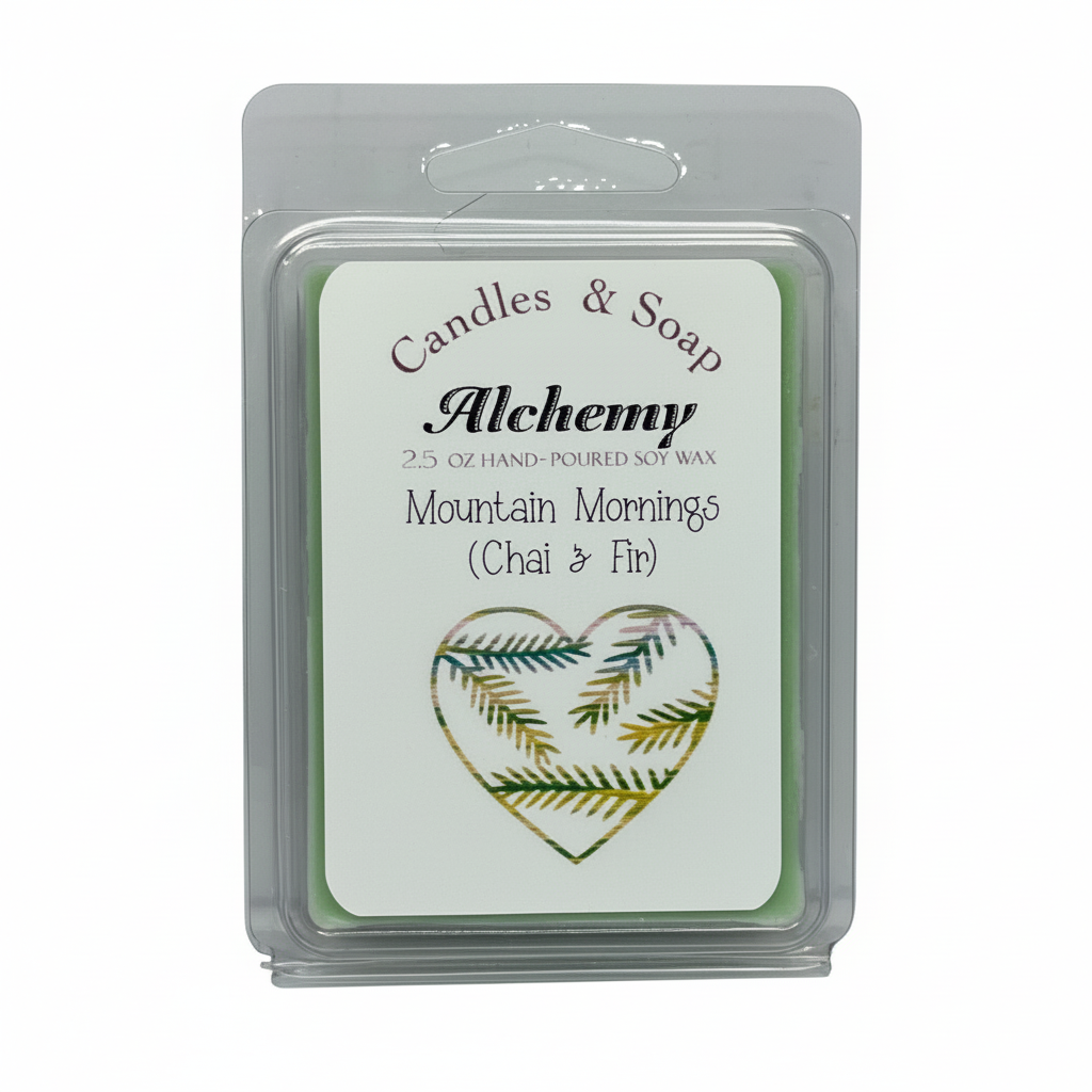 Wax melt package with 'Alchemy' branding and heart design on a white background