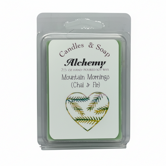 Wax melt package with 'Alchemy' branding and heart design on a white background