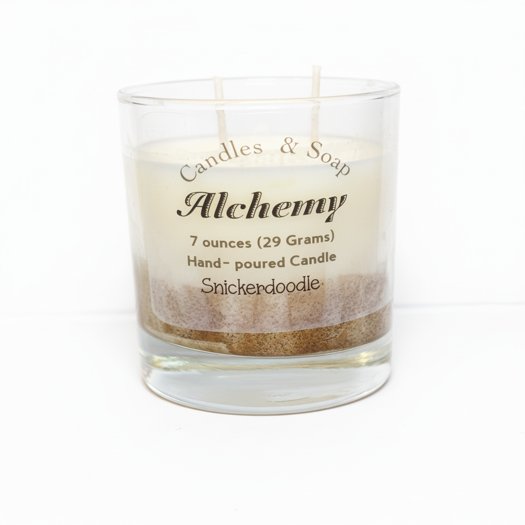 Glass candle with 'Alchemy' label on a white background