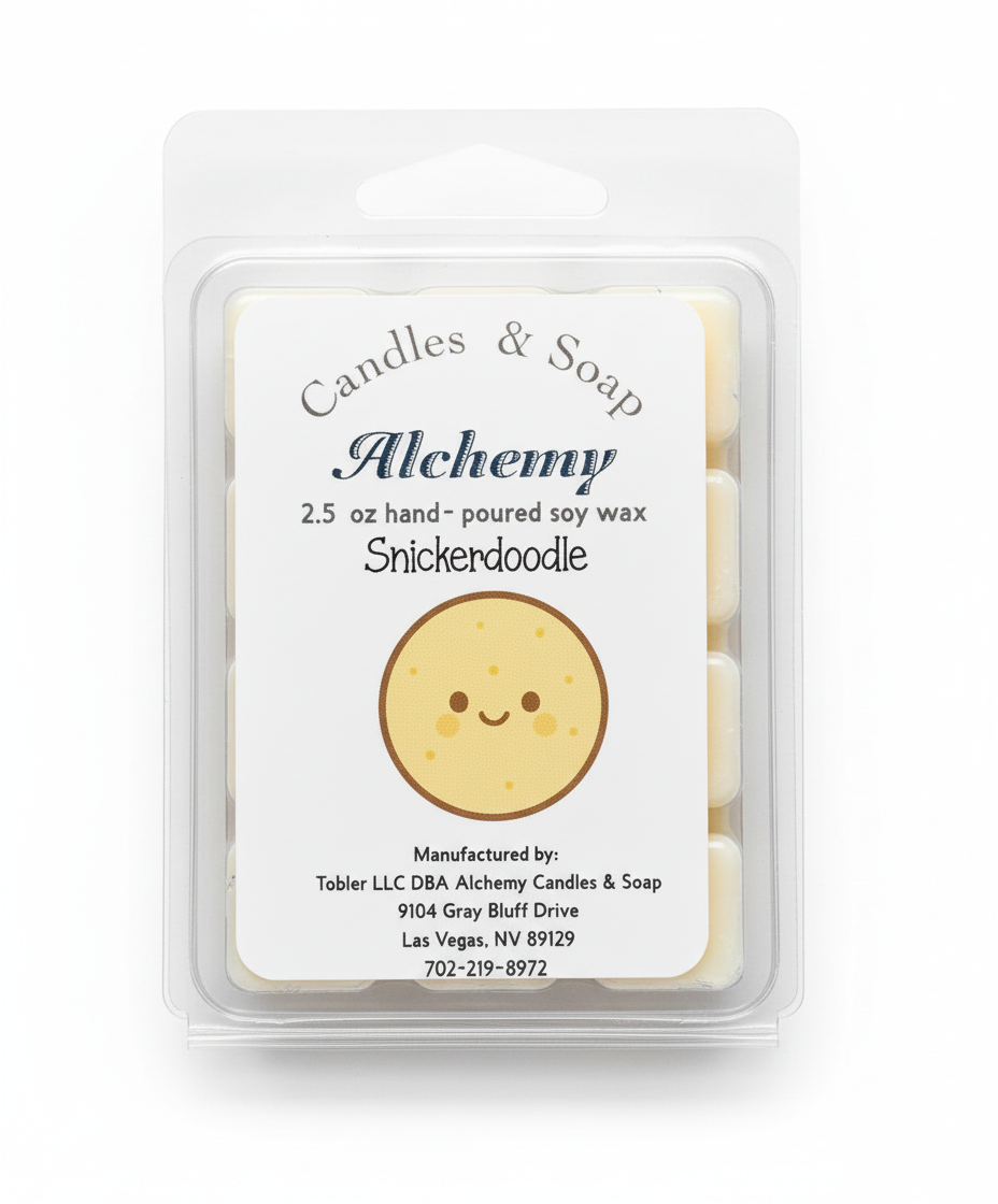 Wax melt package with 'Alchemy' branding and a smiley face design on a gray background
