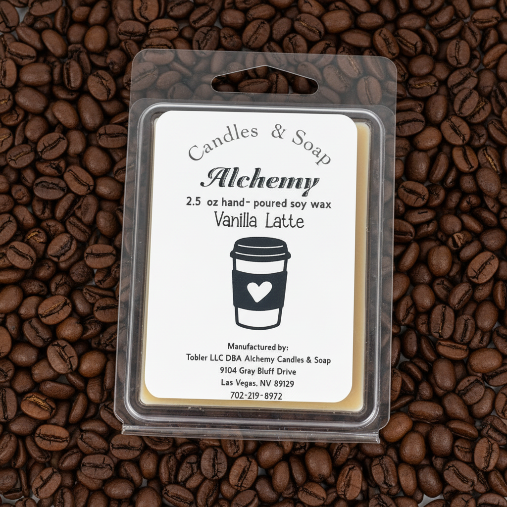 Vanilla Latte candle wax bar with Alchemy Candles & Soap label on a white background