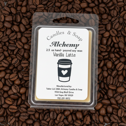Vanilla Latte candle wax bar with Alchemy Candles & Soap label on a white background
