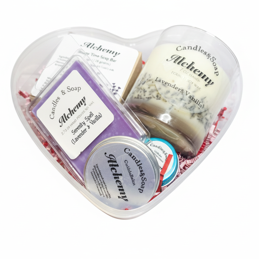 Heart-shaped container with candles and soap labeled 'Candles & Soap Alchemy' on a white background