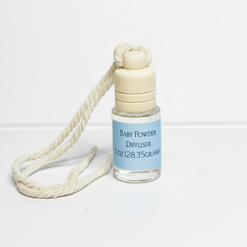 Baby powder diffuser with a rope on a white background