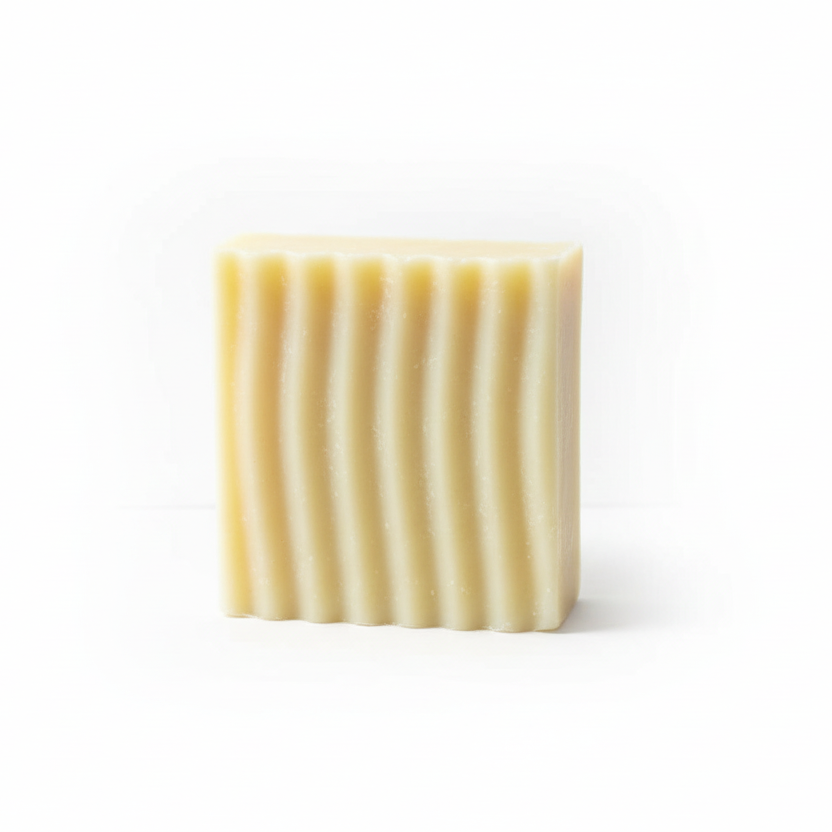 Rectangular bar of soap with wavy texture on a white background
