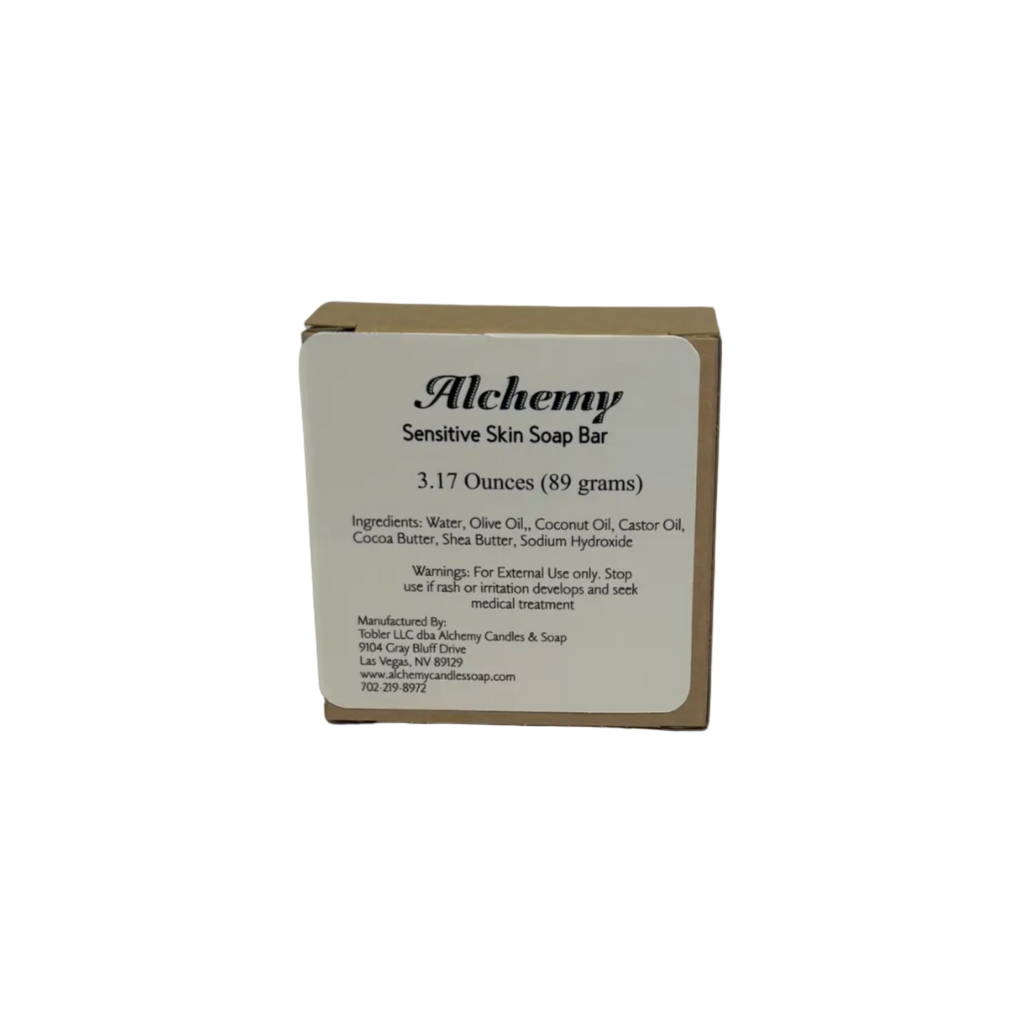 Alchemy sensitive skin soap bar packaging on a white background