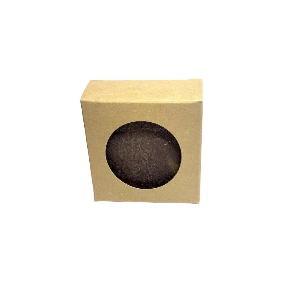 Beige box with a circular window on a white background