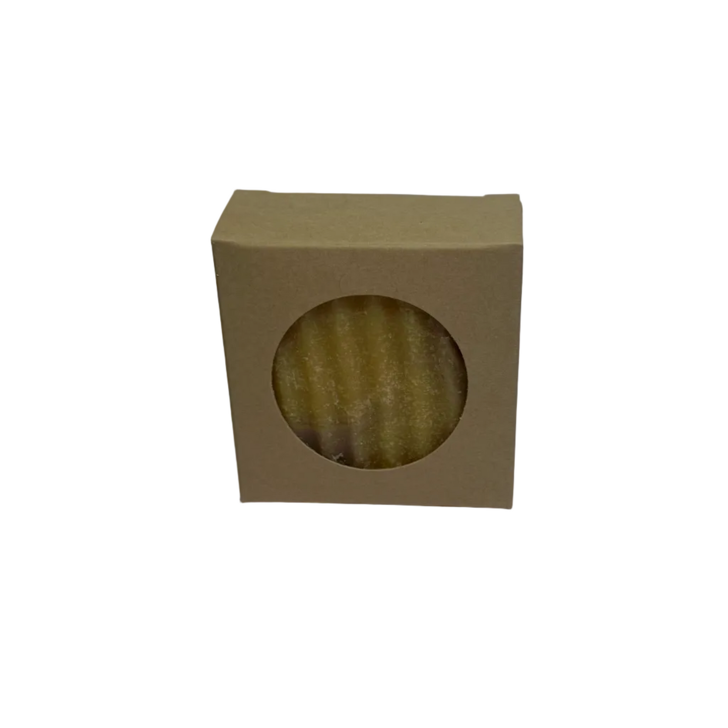 Beige cardboard box with a circular window on a white background