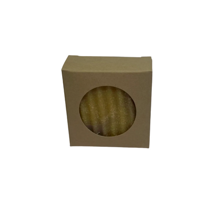 Beige cardboard box with a circular window on a white background