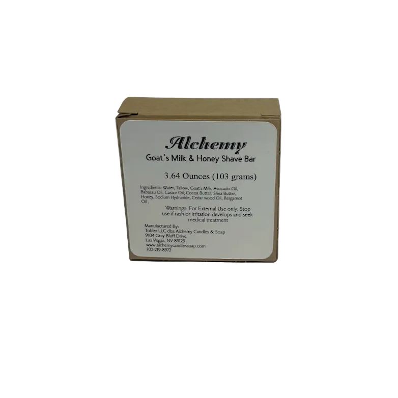 Box of Alchemy Goat's Milk & Honey Shave Bar on a gray background