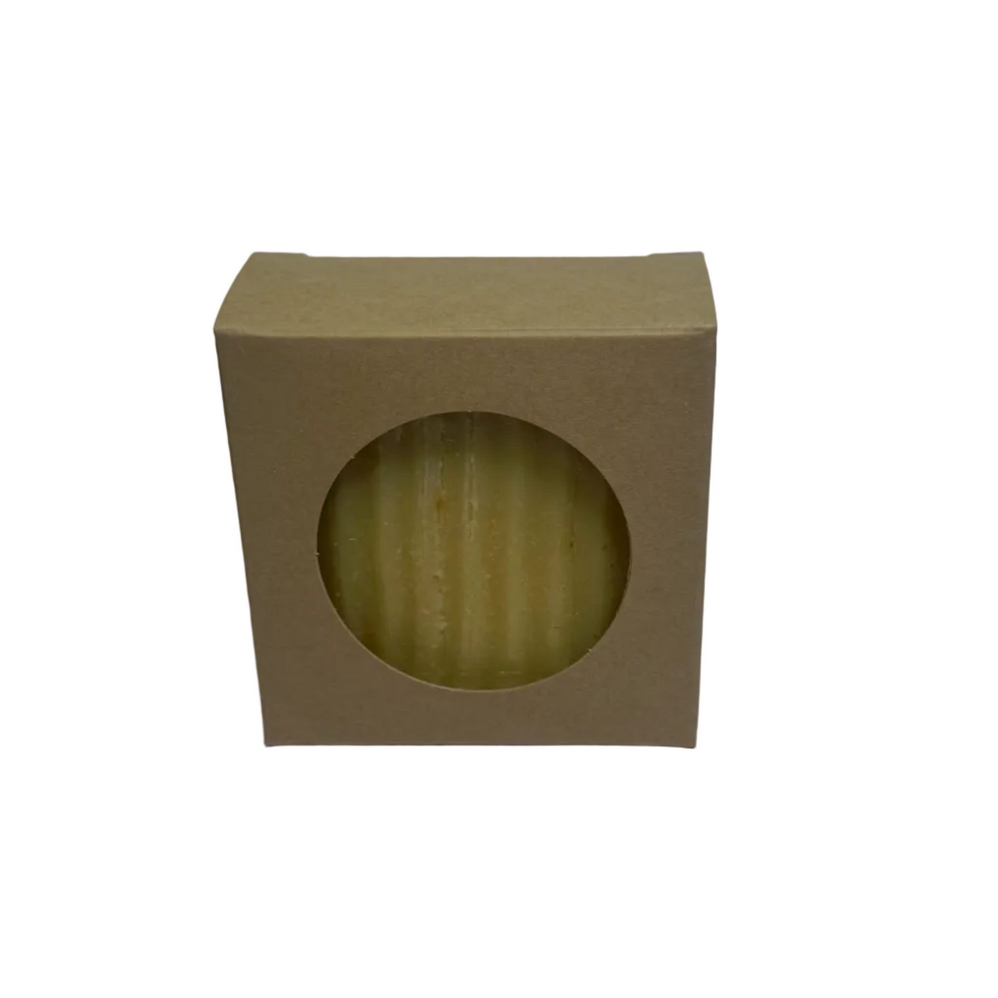 Beige soap bar in a square box with a clear window on a white background