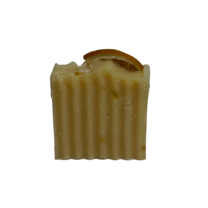 Bar of soap with dried orange on top, white background

