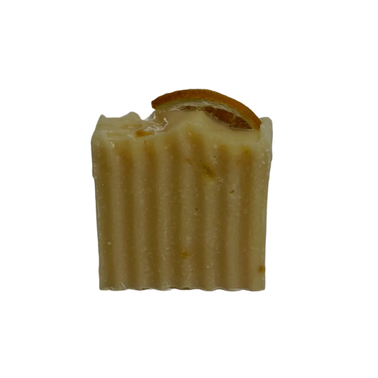 Bar of soap with dried orange on top, white background
