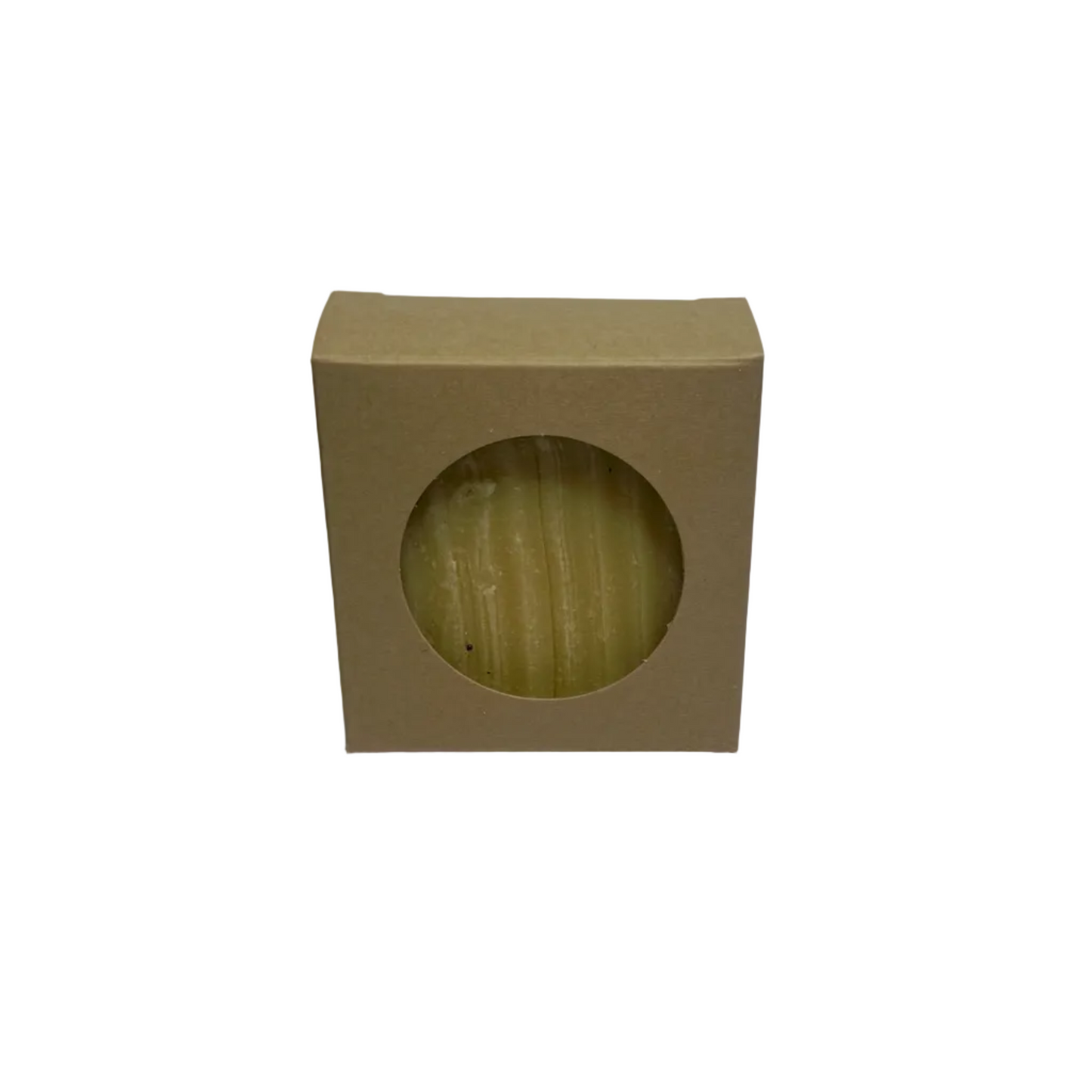 Beige soap bar in a square box on a white background