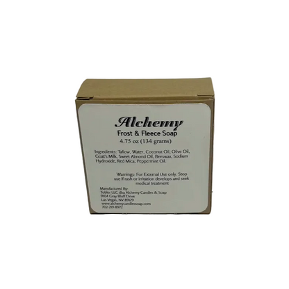 Box of Alchemy Frost & Fleece Soap on a gray background