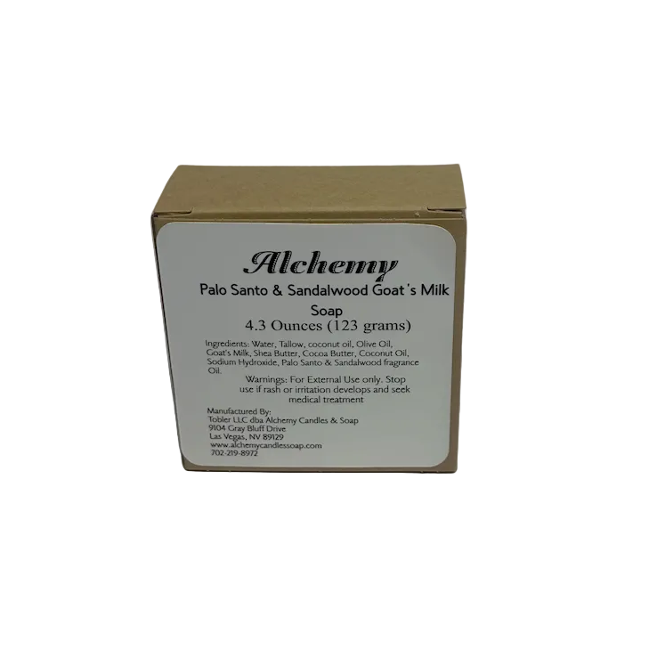 Box of Alchemy Palo Santo & Sandalwood Goat's Milk Soap on a white background