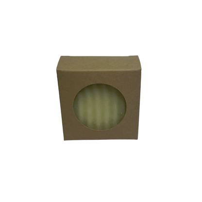 Beige box with a circular window containing a white spherical object on a gray background
