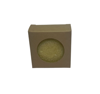 Beige square box with a circular cutout on a white background