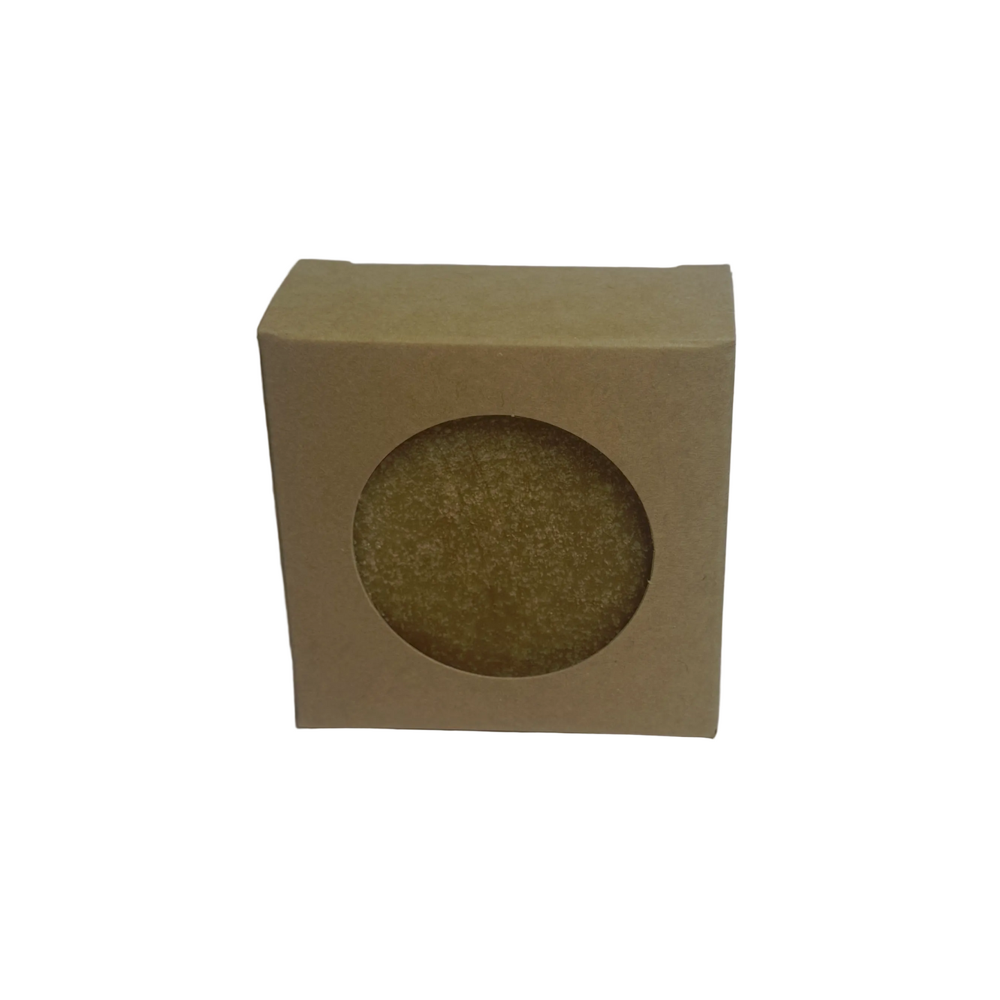 Beige cardboard box with a circular window on a white background