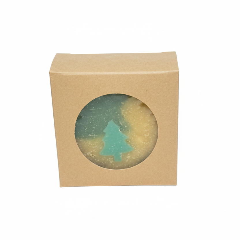 Beige box with a circular window displaying a blue tree silhouette on a gray background