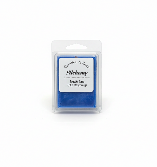 Blue wax melt package labeled 'Alchemy' on a white background
