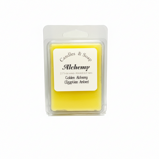 Candle melt wax block in a clear packaging with 'Alchemy' label on a white background