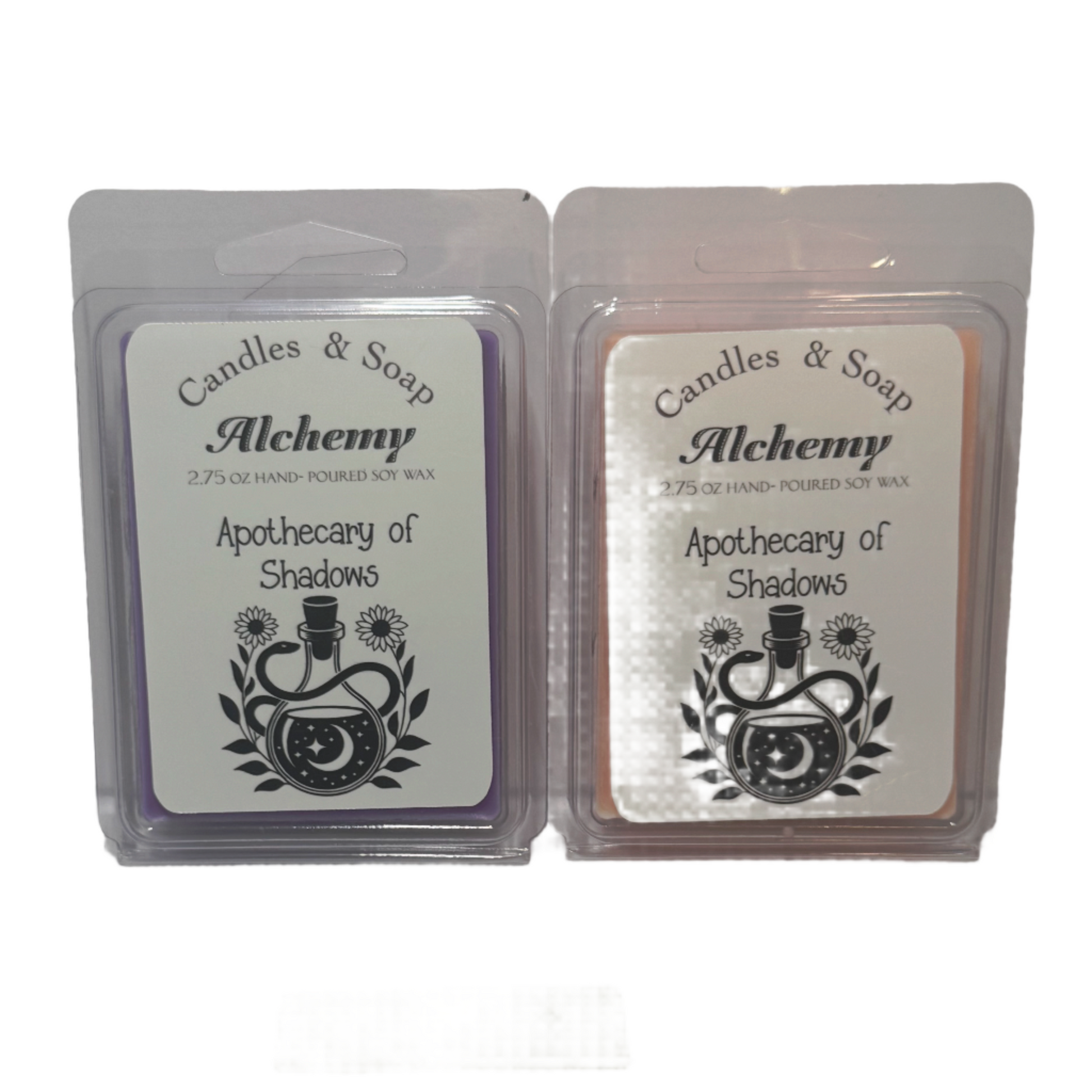 Two wax melts packaging labeled 'Candles & Soap Alchemy Apothecary of Shadows' on a white background.