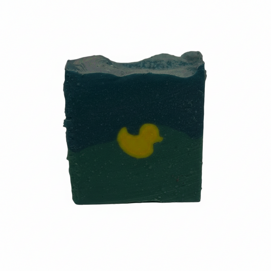 Blue soap bar with a yellow duck design on a white background